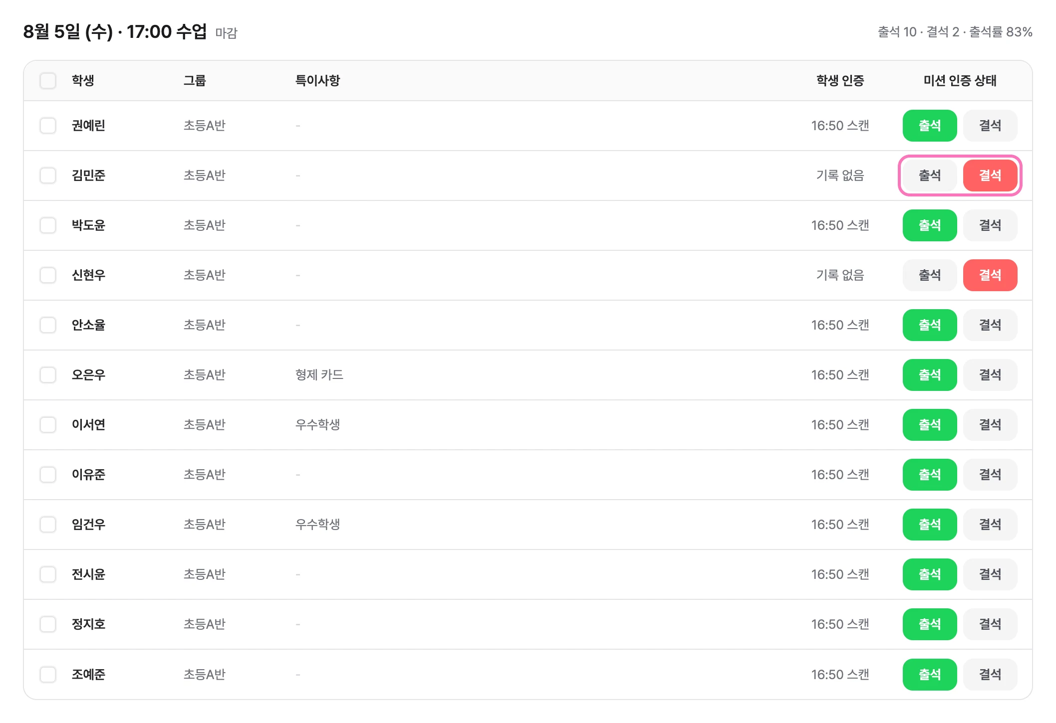 명단에서 학생별 출석 상태를 확인하고 [출석] 또는 [결석] 으로 바꿀 수 있어요